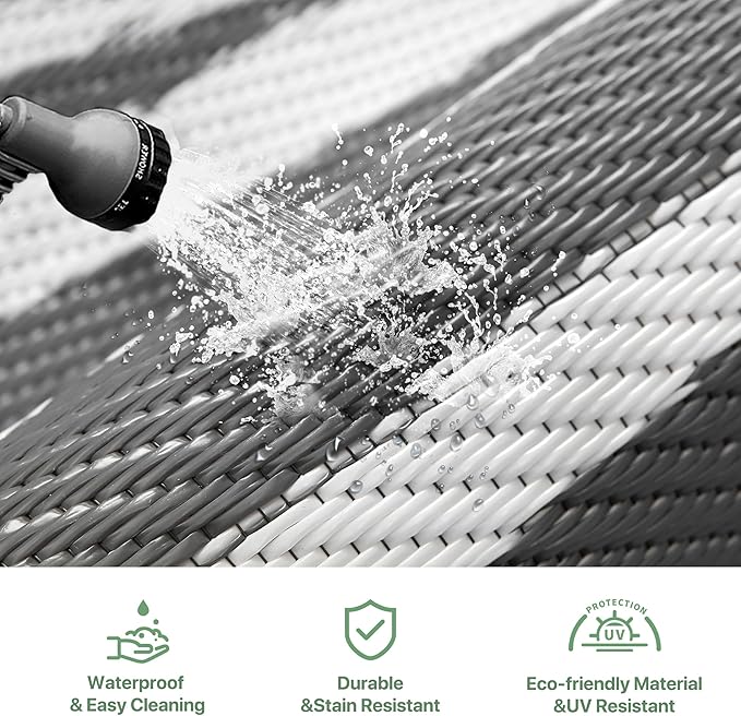 GENIMO Outdoor Rug Waterproof for Patio, 9'x12' Reversible Plastic Straw Outdoor Carpet, Camping Outside Mat for Outdoor Decor, RV, Deck, Camper, Balcony, Picnic, Grey & White