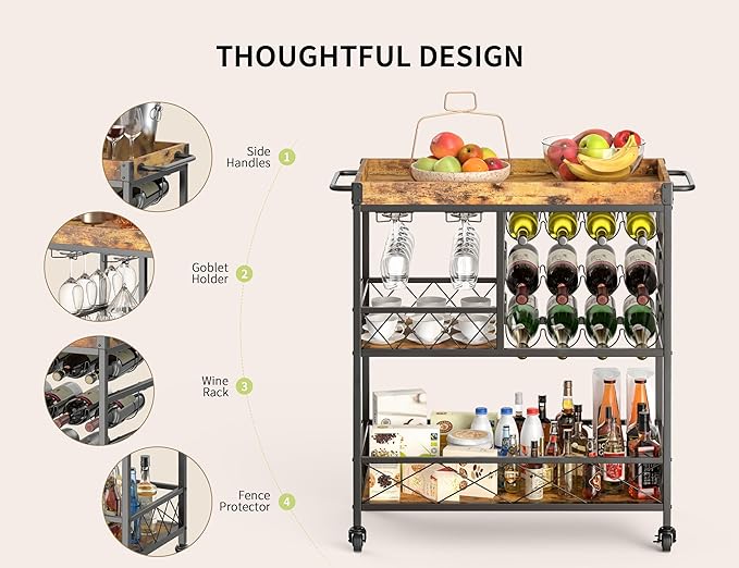 Gizoon Bar Cart, 3 Tier Coffee Cart with Lockable Wheels, 12-Bottle Wine Rack, and Hanging Glass Holder, Kitchen Rack with Removable Tray, for Kitchen, Dining Room, Entertaining, Club Party,Retro