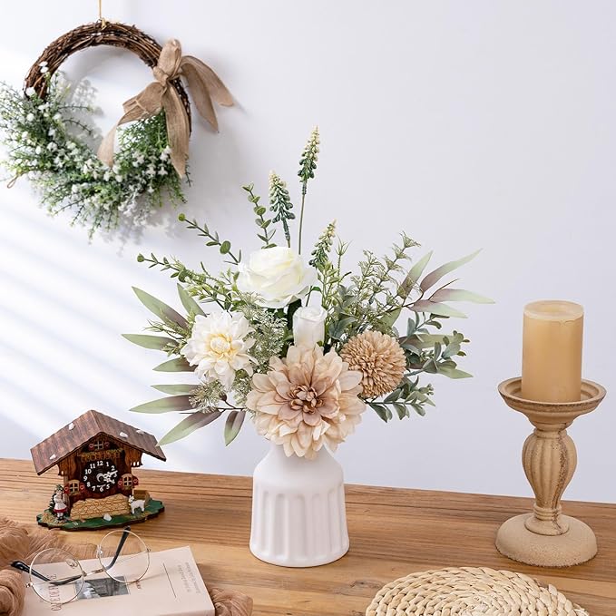 Fake Flowers in Vase, Artificial Flowers with Vase, 15.7'' Floral Arrangements for Dining Table Centerpiece Decor, Silk Roses & Faux Dahlia Bouquet for Farmfouse Kitchen Coffee Table Decor (Brown)