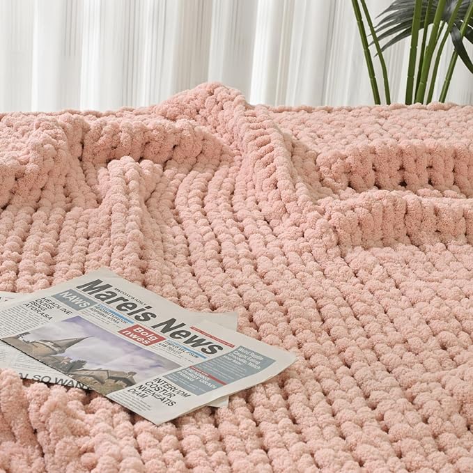 Esterra Chunky Knit Blanket Throw 60"x80", 100% Hand Knitted Chenille Throw Blanket, Cozy Soft Thick Cable Knit Throw Large Rope Knot Crochet Throw Blanket for Sofa Couch Bed, Dusty Pink