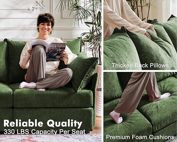 102.6" Modular Sectional Sofa, L Shaped Couch Set for Living Room, 3-Seater Comfy Cloud Couches with Movable Storage Ottoman,DIY Combination - Chenille Green