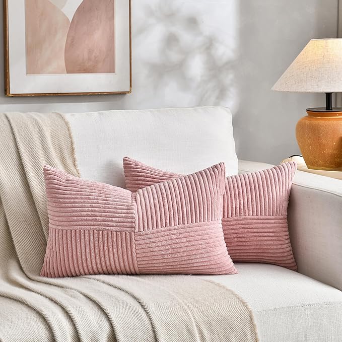 Fancy Homi 2 Packs Blush Pink Lumbar Decorative Throw Pillow Covers 12x20 Inch for Living Room Couch Bed, Rustic Farmhouse Boho Home Decor, Soft Striped Corduroy Rectangle Accent Cushion Case 30x50 cm