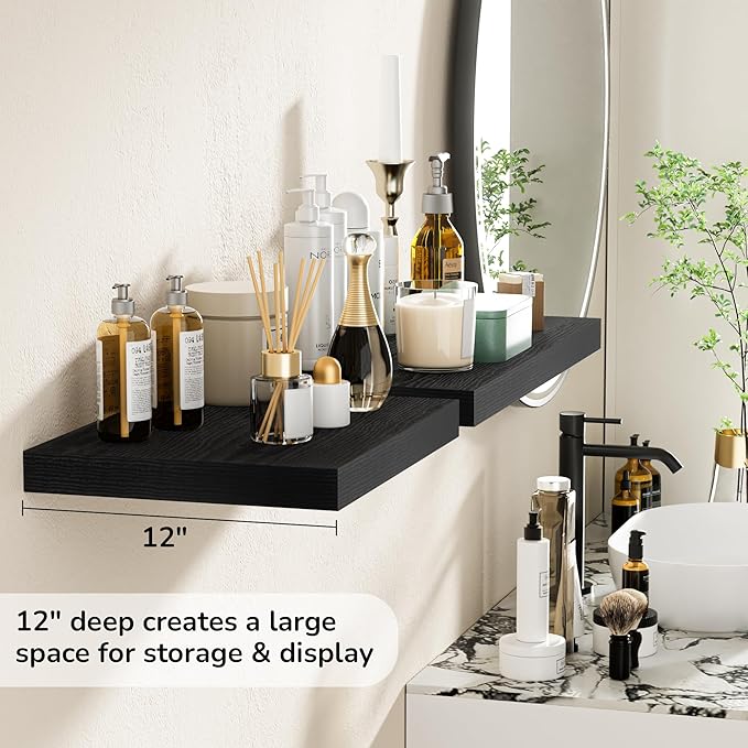 Fun Memories Floating Shelves - 2 Pack 12 Inch Deep Rustic Wooden Wall Shelves - Extra Deeper & Thicker Wall Mounted Storage Shelf for Kitchen, Farmhouse - 16" W x 12" D x 1.5" H - Rustic Black