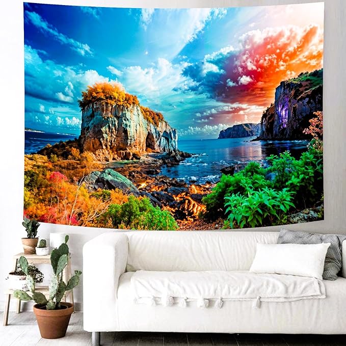Delur Coastal Ocean Beach Tapestry Tropical Forest Tree Sunrise Sea Landscape Tapestry Wall Hanging Wave Sunset Nature Colorful Spiritual Headboard for Bedroom Living Room Home Decor (70.8" x 92.5")
