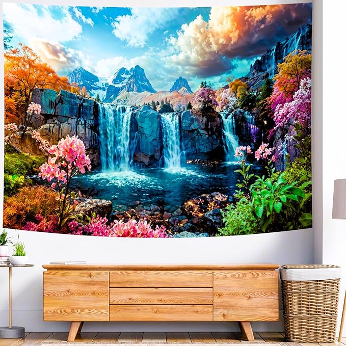Delur Waterfall Tapestry Tropical Forest Mountain Sunset Tree Wall Hanging Tapestry Scenic Rainforest Landscape Nature Sunrise Headboard for Bedroom Living Room Home Decor (70.8" x 92.5")
