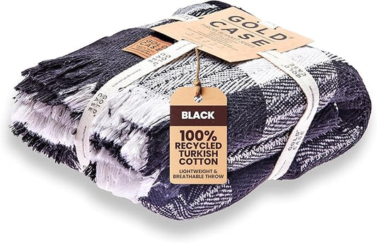Gold Case Throw Blanket for Couch – 100% Recycled Turkish Cotton Blankets & Throws – Elegant Decorative Throw Blankets for Living Room Sofa – Woven Throws for Couch – Black – 60x80