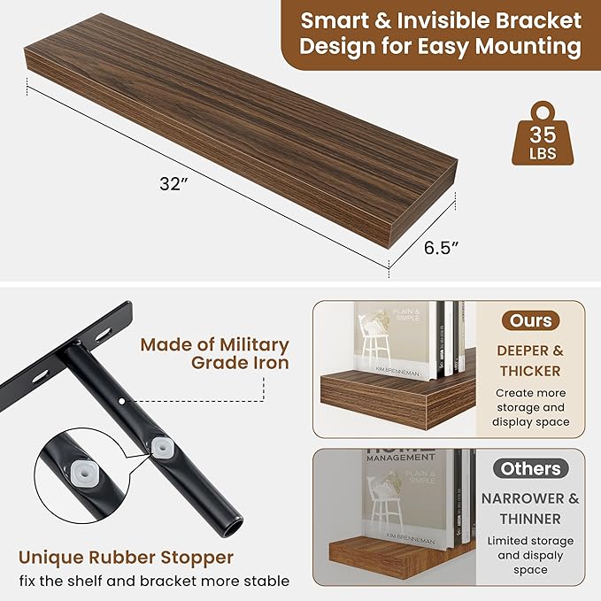 fuqing Floating Shelves for Wall, Bathroom Shelf Wall Mounted for Storage, Shelves with Invisible Bracket for Bedroom, Kitchen, Living Room, Farmhouse Small Book Shelf, 32 Inch Set of 2, Walnut