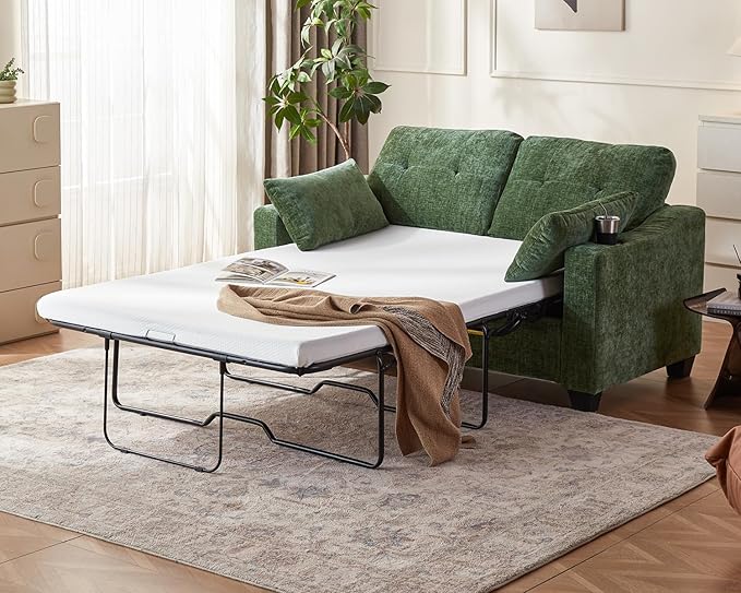 CHIC HOUSE Pull Out Sofa Bed, Full Size Sleeper Sofa, 2-in-1 Convertible Chenille Couch with USB Charging, Memory Form Couch for Living Room, Apartment & Small Space (Green, Chenille - Full)