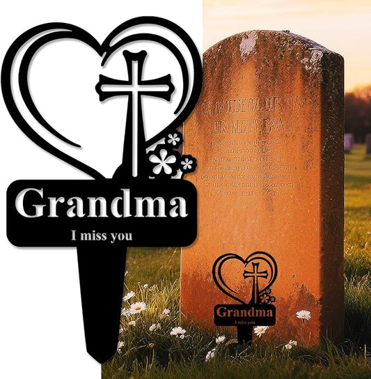 Grandma Memorial Grave Stake, Cemetery Decorations for Grave Markers 12.5 x 7.2 inch Heart Metal Sympathy Stakes Graveside Plaque Decor Sign for Grandma Graves, Yard, Garden - Black-Grandma