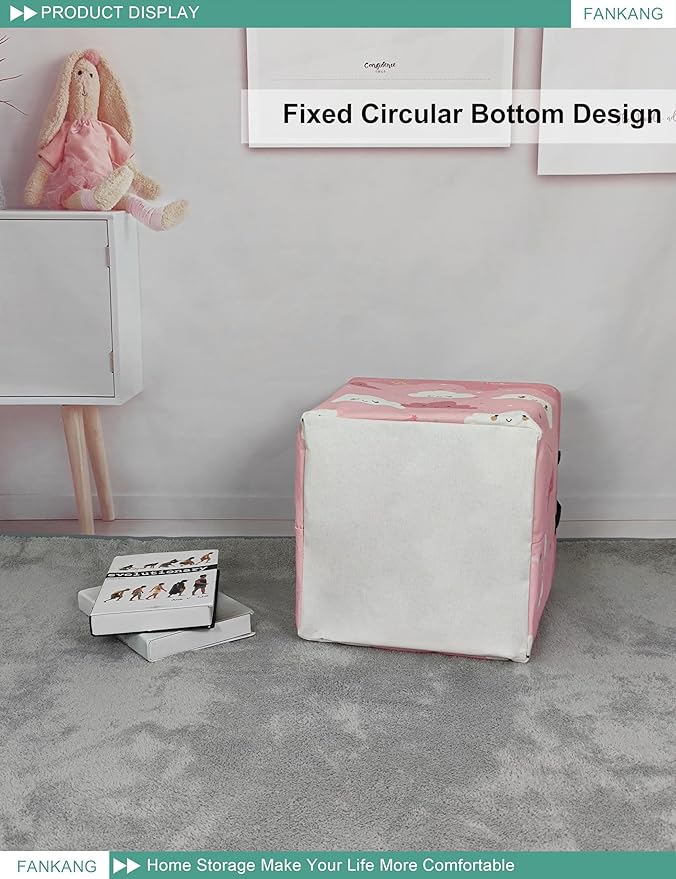 FANKANG Square Nursery Hamper Storage Bins Canvas Laundry Basket Foldable with Waterproof PE Coating Storage Baskets Gift Baskets for Children, Office, Bedroom, Clothes（Square-pink cloud ）