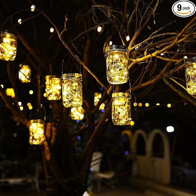 Cooo 9 Pack Solar Lanterns Outdoor Waterproof Upgraded Crystal Glass Solar Mason Jar Lights 30 LED 215% Larger SolarPanel, Anti-Rust Lid Hanging Outdoor Lanterns for Patio Garden Porch