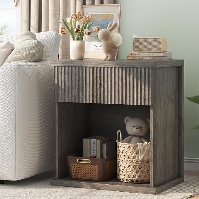 Fluted Nightstand, 22.8" Wide Nightstands with Drawer Storage Large Wood BedsideTable Night Stand for Bedroom, Grey Oak