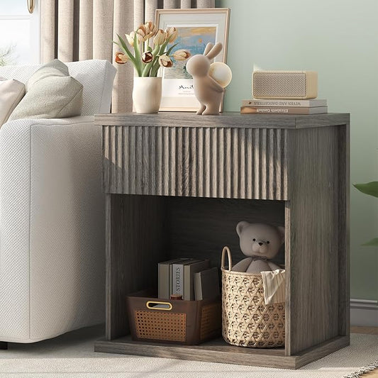 Fluted Nightstand, 22.8" Wide Nightstands with Drawer Storage Large Wood BedsideTable Night Stand for Bedroom, Grey Oak