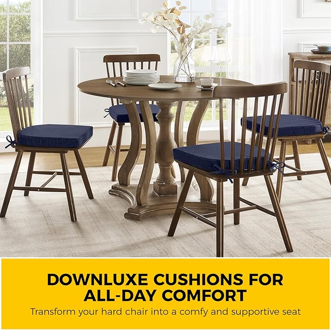 downluxe Indoor Chair Cushions for Dining Chairs, Soft and Comfortable Textured Foam Kitchen Chair Pads with Ties and Non-Slip Backing, 16" x 16" x 2", Navy, 2 Pack