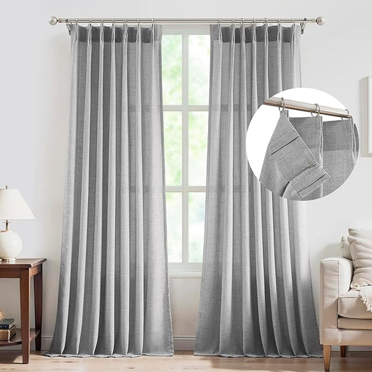 FMFUNCTEX Pinch Pleated Curtains 96 Inches Long for Living Room, Dove Grey Semi Sheer Faux Linen Textured Pleat Drapes for Bedroom with Hooks, Light Filtering Farmhouse Window Drapes 2 Panels