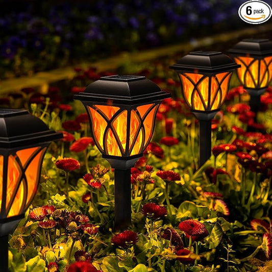 GIGALUMI Solar Lights Outdoor Waterproof, 6 Pack Flickering Flame LED Lights, Garden Decor for Yard, Patio, Landscape, Planter, Walkway