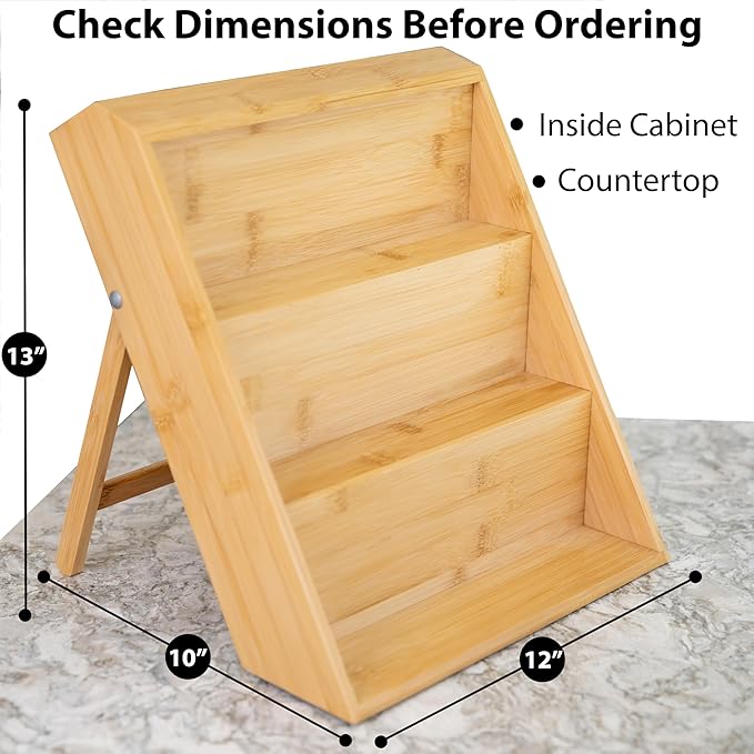 Extra Sturdy 3-Tier Bamboo Spice Rack – 12" W x 10" D x 13" H – Foldable Non-Slip Wooden Spice Organizer for Countertop, Cabinet & Drawer – Includes Labels, Funnel & Hooks – Spice Jars NOT Included
