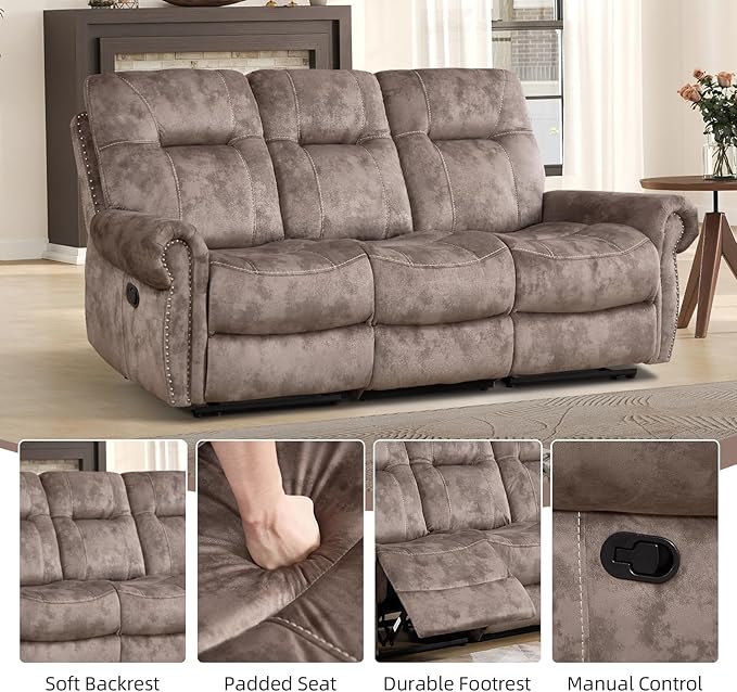 EBELLO 3 Pieces Reclining Couch Furniture Set for Living Room, Double 1 Seat Power Recliner Chair with Massage and Heat, a 3 Seater Manual Sofa, Vintage Rivet Mid-Century Design, Brown
