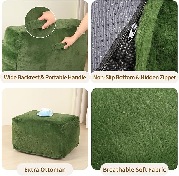 Comfy Gaint Bean Bag Chair with Ottoman, Huge Bean Bag Armchair for Adults and Teens, Green