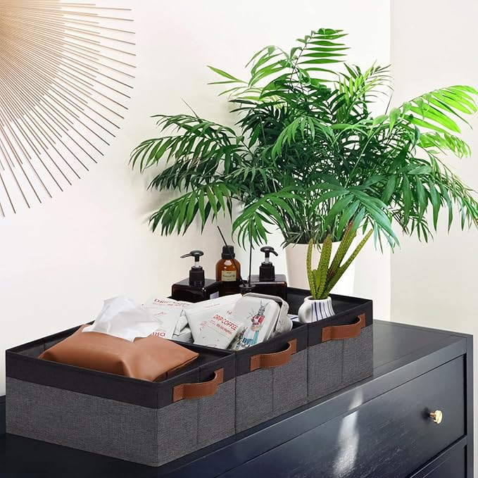 GhvyenntteS Small Fabric Storage Bins with Handles 6 Pack, 11.8" x 7.87" x 5.11" Storage Baskets for Shelves, Baskets for Organizing Clothes Underwear Socks Hats DVDs (Grey/Black)