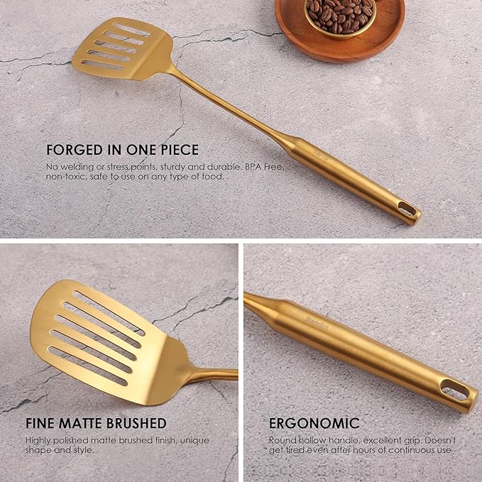 Gold Kitchen Utensils Set - 18/10 Stainless Steel Cooking Tools, 15" All Metal Serving Utensils with Fork, Solid/Slotted Spoon, Spatula, Ladle, Skimmer, Tunner, Pasta Spoon, Large Spoon, Set of 9