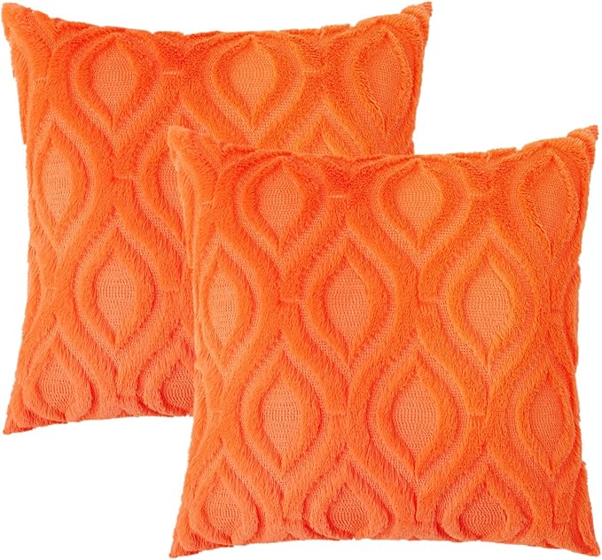 decorUhome Fall Throw Pillow Covers 18x18 Inch Set of 2, Soft Plush Decorative Faux Fur Orange Solid Couch Pillow Covers, Accent Farmhouse Neutral Square Euro Pillow Cases for Sofa Bed Living Room