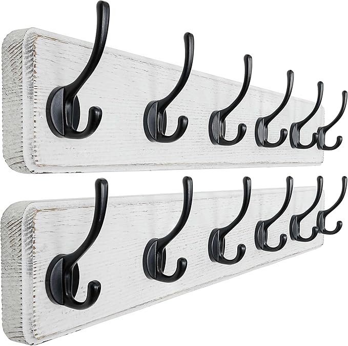 Dseap Wall Mounted Coat Rack: 24" Long, Patented, Heavy-Duty, 6-Double-Hooks Wooden Hanger Rail for Winter Coats, Hat, Jacket, Clothing - White & Black, Pack of 2
