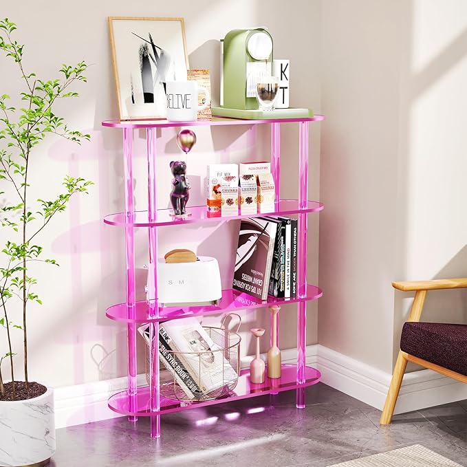 Clear Bookshelf, Acrylic Bookcase with Open Book Shelf Console Table for Entryway Office (4 Tier Pink)