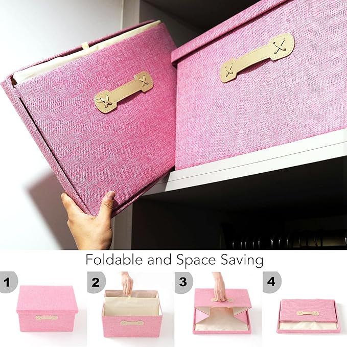 Enzk&Unity Decorative Storage Bins with Lids, Fabric Linen Foldable Storage Box with Handle Home Organizer for Shelf, Closet, Bedroom, Living Room, Office, 3 Packs, Pink