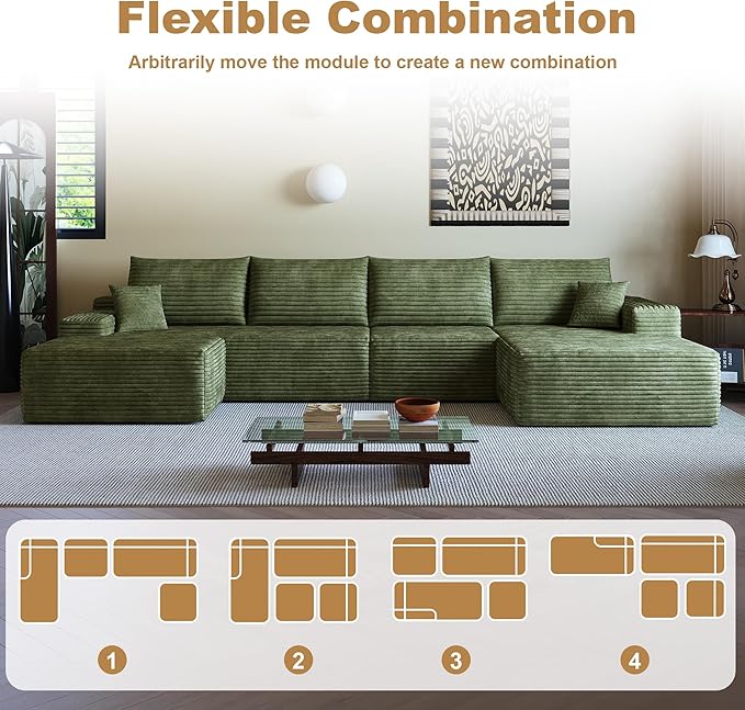 108" Sectional Couches for Living Room Modern Modular Sofa with L-Shape Couchs Upholstered Boneless Couch Deep Seat Sectional Couch with Chaise (Green, Right Facing Chaise+3Seaters+Ottoman)