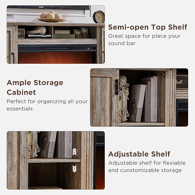 Fireplace TV Stand for 80 Inch TV, 35.7" Tall Farmhouse Entertainment Center W/36'' Electric Fireplace, Media Console with Large Storage Cabinets and Drawers for Living Room, Purple Oak