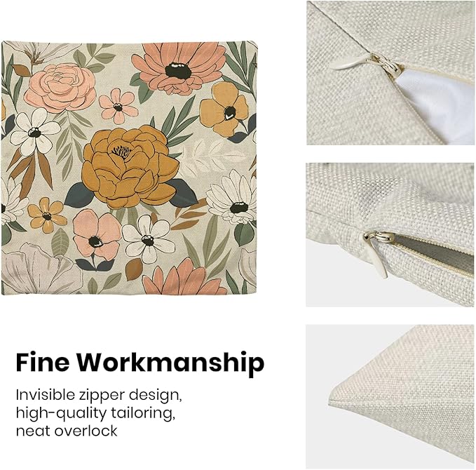 CXMEIFLY Spring Floral Pillow Covers 16 x 16 Inch Set of 2 for Vintage Mustard Yellow Pink Flowers Decor Throw Pillows Plant Cream Outdoor Decorative Cushion Cases for Couch Bed Decorations