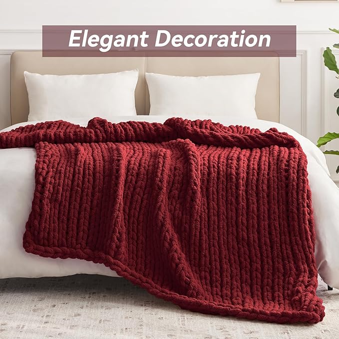 Chunky Knit Throw Blanket, 50''*60'' Knitted Throw Chenille Yarn for Bed Couch, Handmade Red Crochet Big Thick Blanket, Machine Washable Cute Comfy Blanket for Home Decor