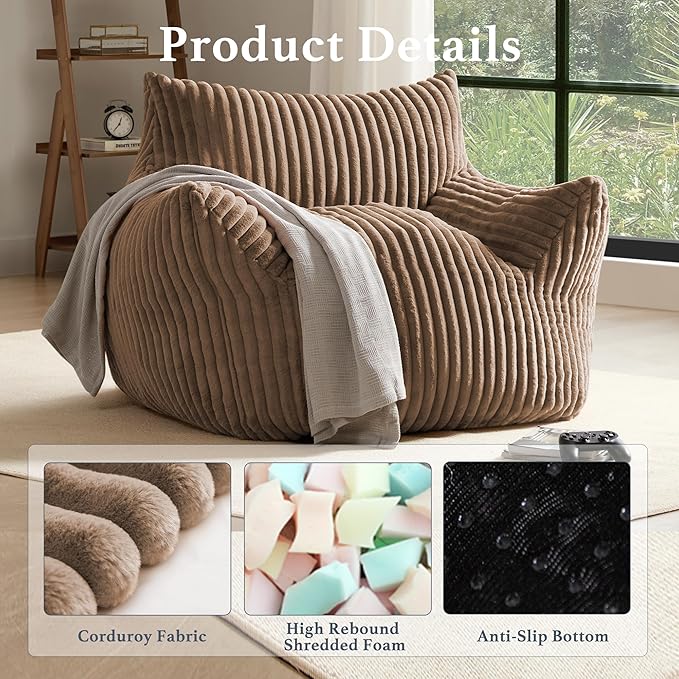 Giant Plush Bean Bag Chair for Adults with Armrests - Oversized Comfy Khaki Beanbag Lounge Lazy Floor Sofa Chair for Living Room, Bedroom & Dorm, Cozy Fluffy Single Cloud Mini Couch