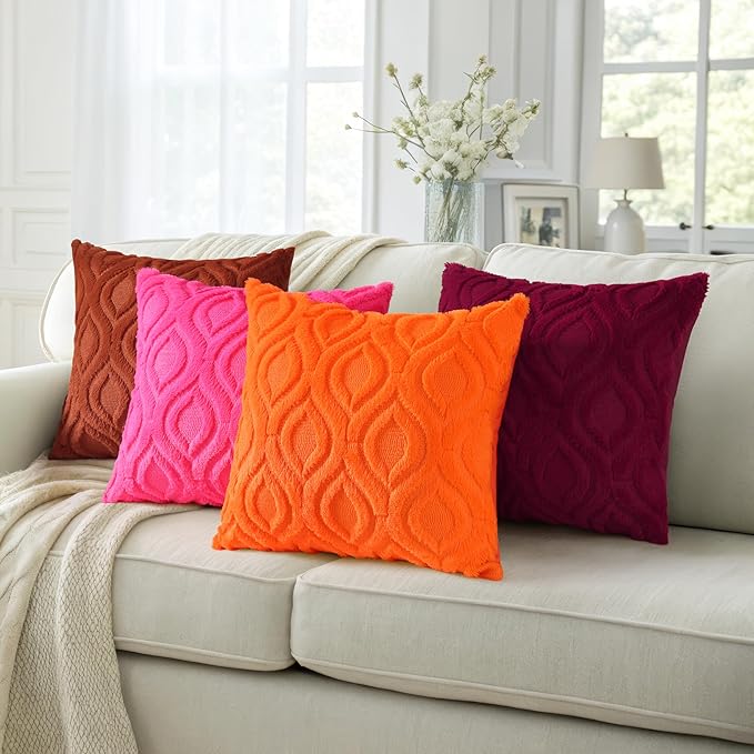 decorUhome Fall Throw Pillow Covers 16x16 Inch Set of 2, Soft Plush Decorative Faux Fur Hot Pink Solid Couch Pillow Covers, Accent Farmhouse Neutral Square Euro Pillow Cases for Sofa Bed Living Room