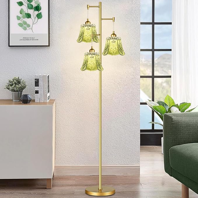Gold Floor Lamp for Living Room,Bedroom,Tree 3 Light Standing Lamp Mid Century Modern Brass Tall Floor Lamps Vintage Retro Floor Lights Glass Green Flower Lamp Shade Farmhouse Boho Bohemian