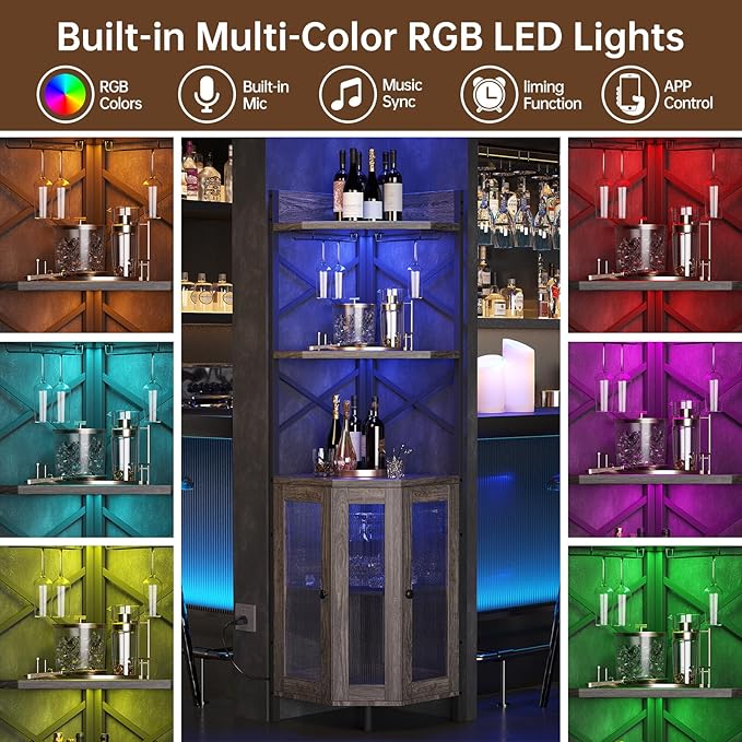Corner Bar Cabinet with Power Outlet, 5-Tier Corner Wine Cabinet with Led Strip and Glass Holder, Industrial Tall Liquor Cabinet Bar Wine Rack for Home, Grey Oak