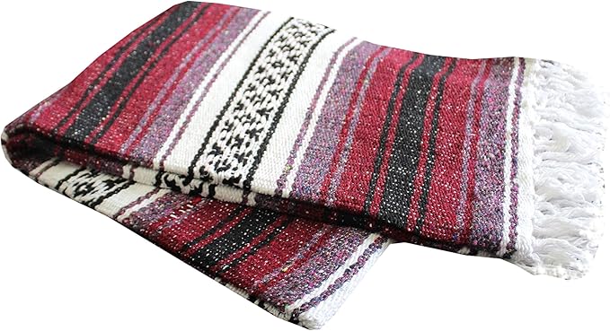 Del Mex Classic Mexican Blanket, Large Authentic Woven Falsa Throw (70"x50"), Artisan Southwest Décor for Beach, Yoga, Outdoors (Burgundy)