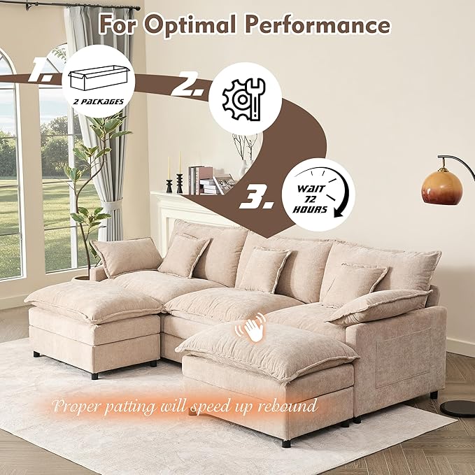 108" U Shaped Couch, Modular Sectional Sofa, 3-Seater Comfy Cloud Couch with Movable Ottoman, Deep Seat Couches for Living Room, Chenille, Flat White