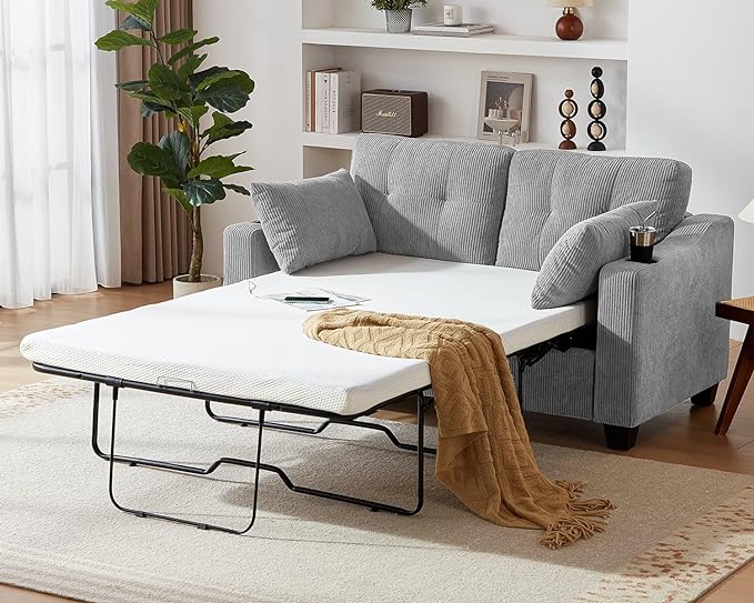 CHIC HOUSE Pull Out Sofa Bed, Full Size Sleeper Sofa, 2-in-1 Convertible Corduroy Couch with USB Charging, Memory Form Couch for Living Room, Apartment and Small Space (Grey, Corduroy - Full Size)