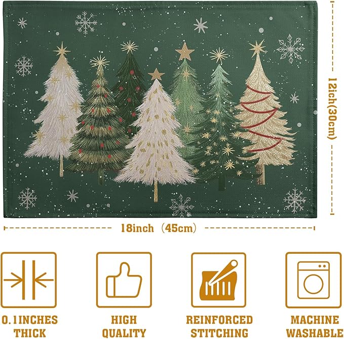 Green Christmas Tree Placemats Set of 4, 12x18 Inch Xmas Trees Snowflakes Winter Holiday Place Mats Seasonal Washable Linen Table Mats for Indoor Outdoor Kitchen Dining Party Décor