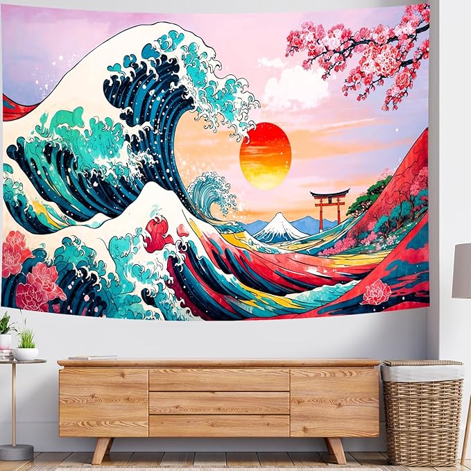Delur Great Wave Tapestry Japanese Sunset Ocean Sea Wave Off Kanagawa Tapestry Wall Hanging Vintage Asian Anime Cherry Blossom Nature Headboard for Bedroom Living Room Home Decor (59.1" x 78.7")