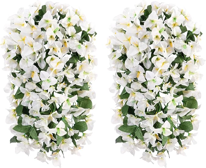 Faux Bougainvillea Artificial Flowers Plants for Outdoors Outside Decoration, 2 PCS White Fake Flowers UV Resistant Look Real Silk Long Trailing Vines for Front Door Porch Planter Patio Garden Yard
