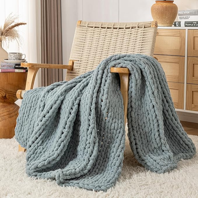 Chunky Knit Blanket Throw, 100% Hand Knit Throw Blanket Handmade Chenille Cable Knit Throw for Couch, Stylish Cozy Soft Rope Knot Crochet Blanket for Home Decor, Chambray Blue, 50x60 Inches