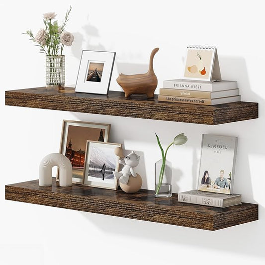 Dreamland 36 Inches Floating Shelves for Wall, 9.3" Deep Long Floating Shelves Set of 2, Large Display & Storage Shelf, Wall Shelf for Bathroom Bedroom Living Room Kitchen Office, Rustic Brown