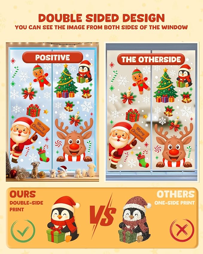 Christmas Window Clings - 9 Sheets 162 Pcs Cute Xmas Decorations for Winter Holiday Home Party Santa Reindeer Snowman Gingerbread Snowflake Stickers for Glass Double-Sided Static Window Decals