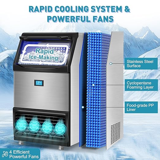 Commercial Ice Maker Machine 550LBS/24H with 185LBS Large Ice Storage Bin, 162Pcs Clear Ice Cubes in 11Mins, Stainless Steel Under Counter Industrial Ice Machine for Bar, Restaurant Business