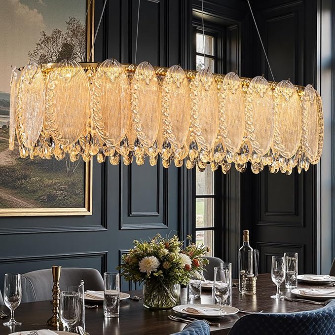 Gold Rectangle Modern Chandeliers for Dining Room Light Fixture, Water Ripple Crystal Glass LED Chandelier for Kitchen Island Bar Living Room, 2700K-6000K