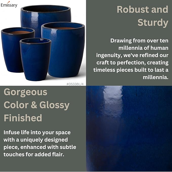 Emissary Bullet 14 in. Blue Ceramic Round Planter (14 in. L x 14 in. W x 15.5 in. H) with Drainage Hole