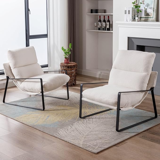 DUOMAY Modern White Sherpa Accent Chair Set of 2, Comfy Lounge Lazy Chair with Metal Leg, Mid-Century Corner Arm Chair for Living Room Bedroom Office Apartment